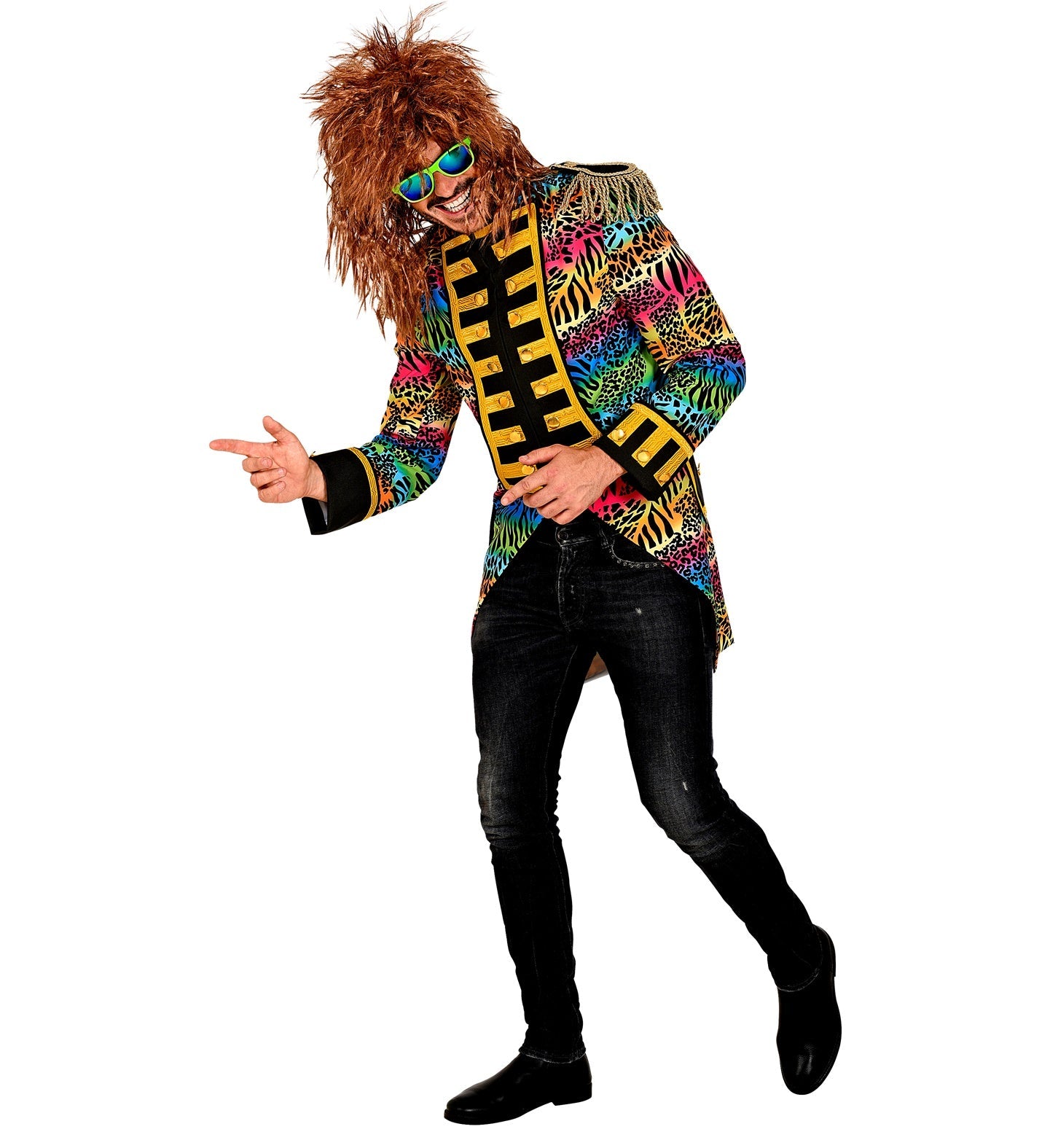 Man in 80s rainbow tailcoat with neon patterns, fringed hair, and sunglasses.