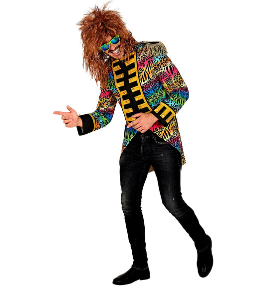 Man in 80s rainbow tailcoat with neon patterns, fringed hair, and sunglasses.