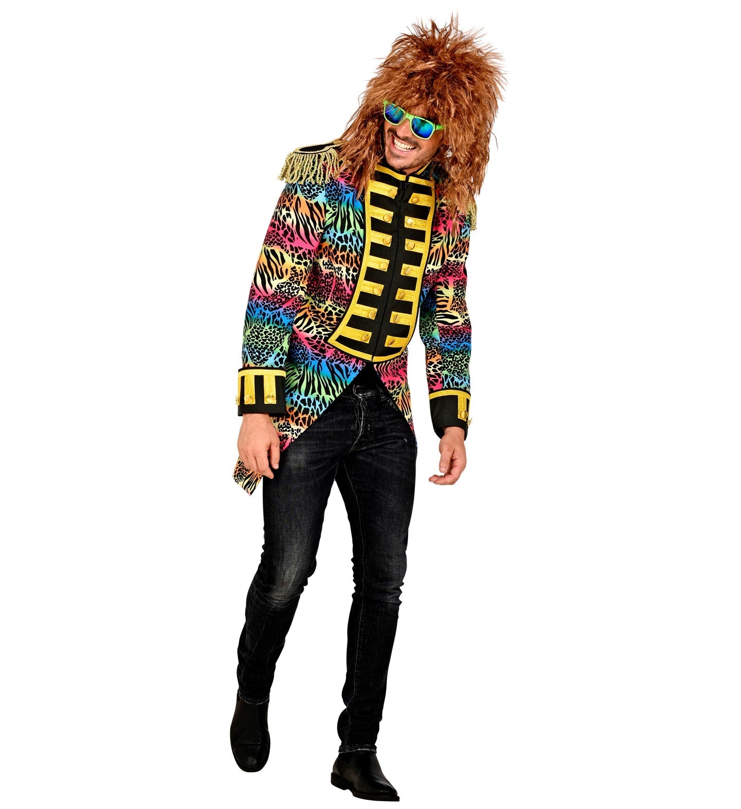 Man in 80s rainbow tailcoat with neon patterns, afro wig, and black pants.