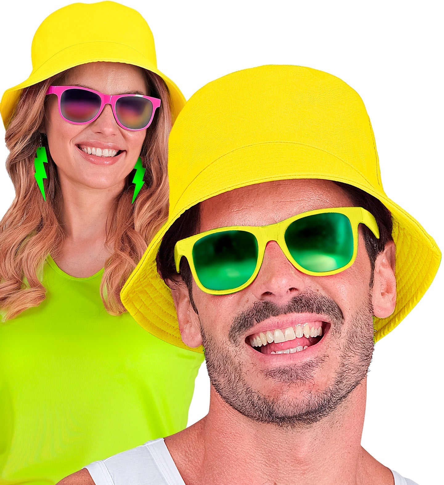 Neon gelber Fischerhut aus Baumwolle im 80er-Jahre-Stil, ideal für Festivals.