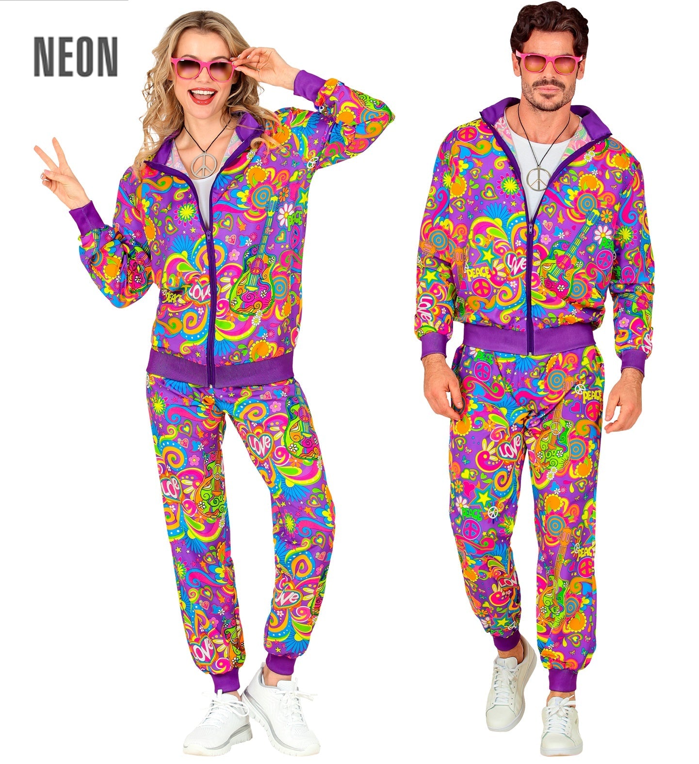 Unisex 80s neon flower power tracksuit with vibrant psychedelic prints on jacket and pants.