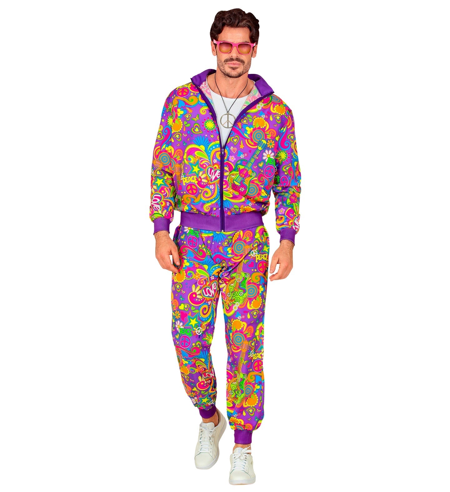 Man in unisex 80s neon flower power tracksuit with colorful floral print.