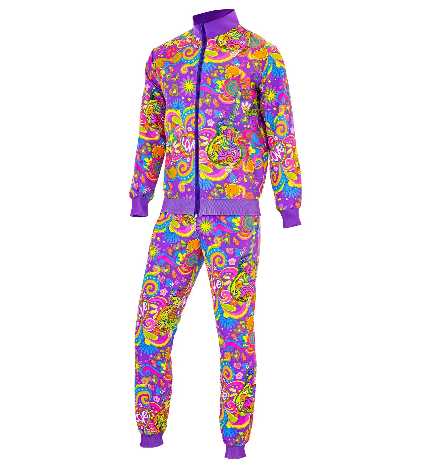 Unisex 80s neon flower power tracksuit with vibrant psychedelic print and purple accents.