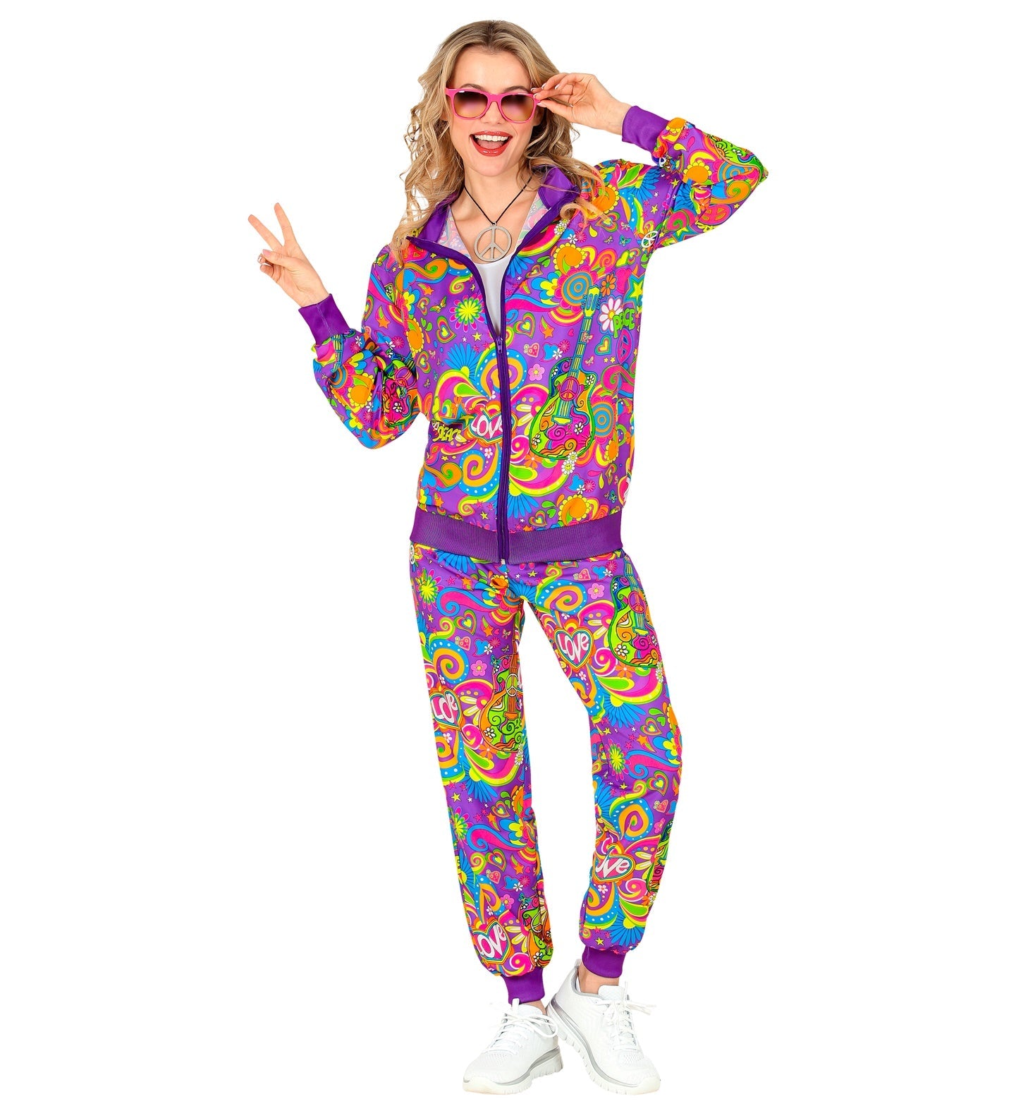 Woman modeling a vibrant purple 80s neon flower power unisex tracksuit with colorful patterns.