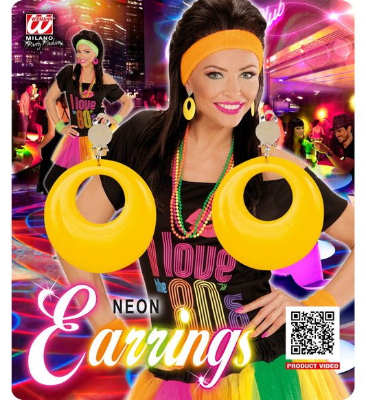 Large neon yellow plastic hoop earrings in 80s retro style on product packaging.