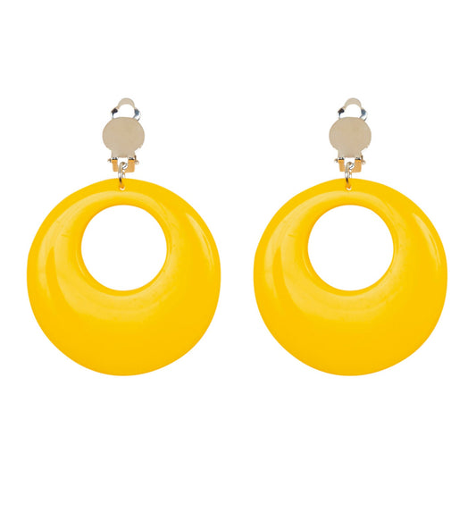 Pair of lightweight neon yellow plastic hoop earrings with clip backs in 80s retro style.