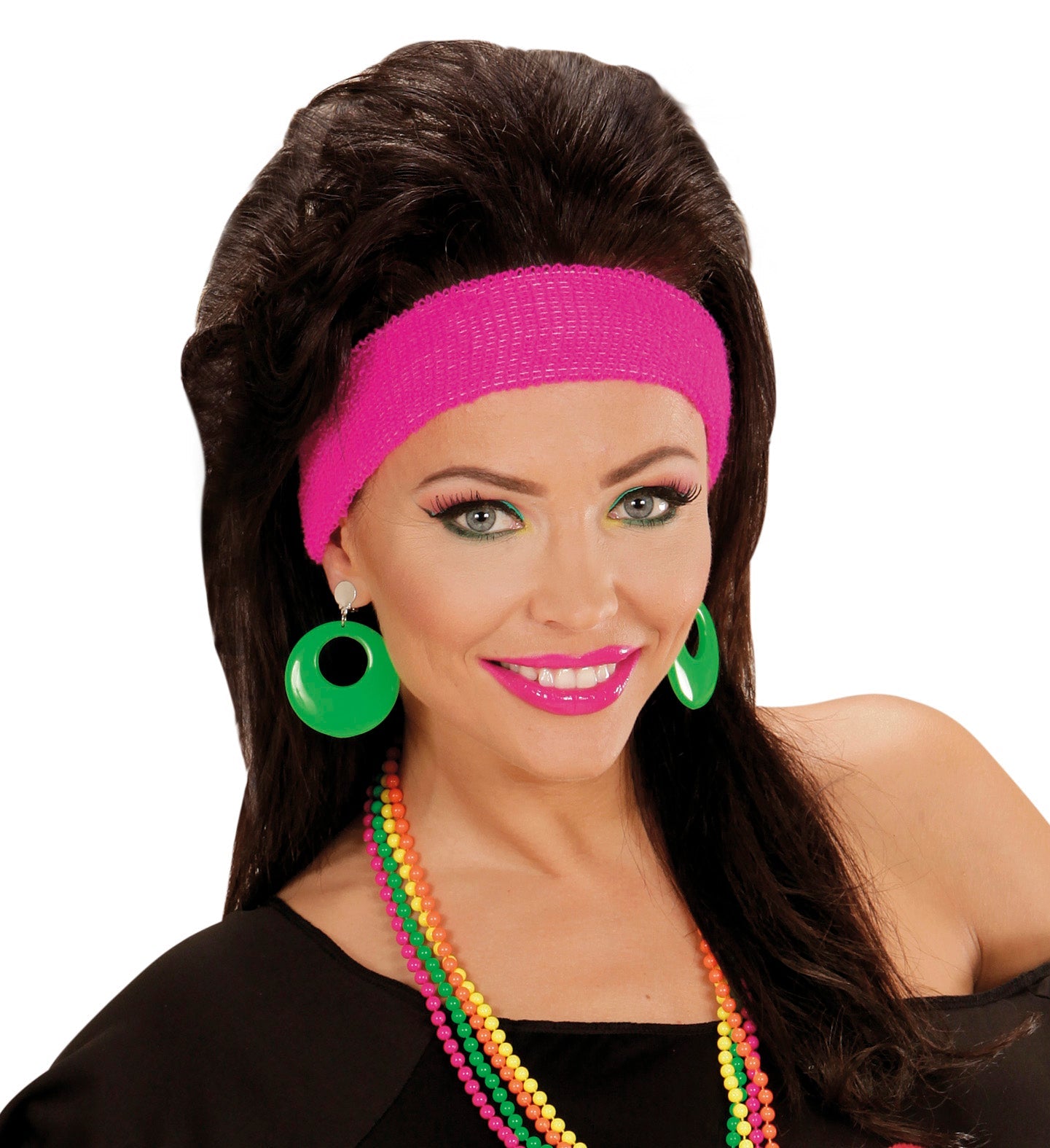 Woman wearing neon green clip-on earrings with 70s retro style.