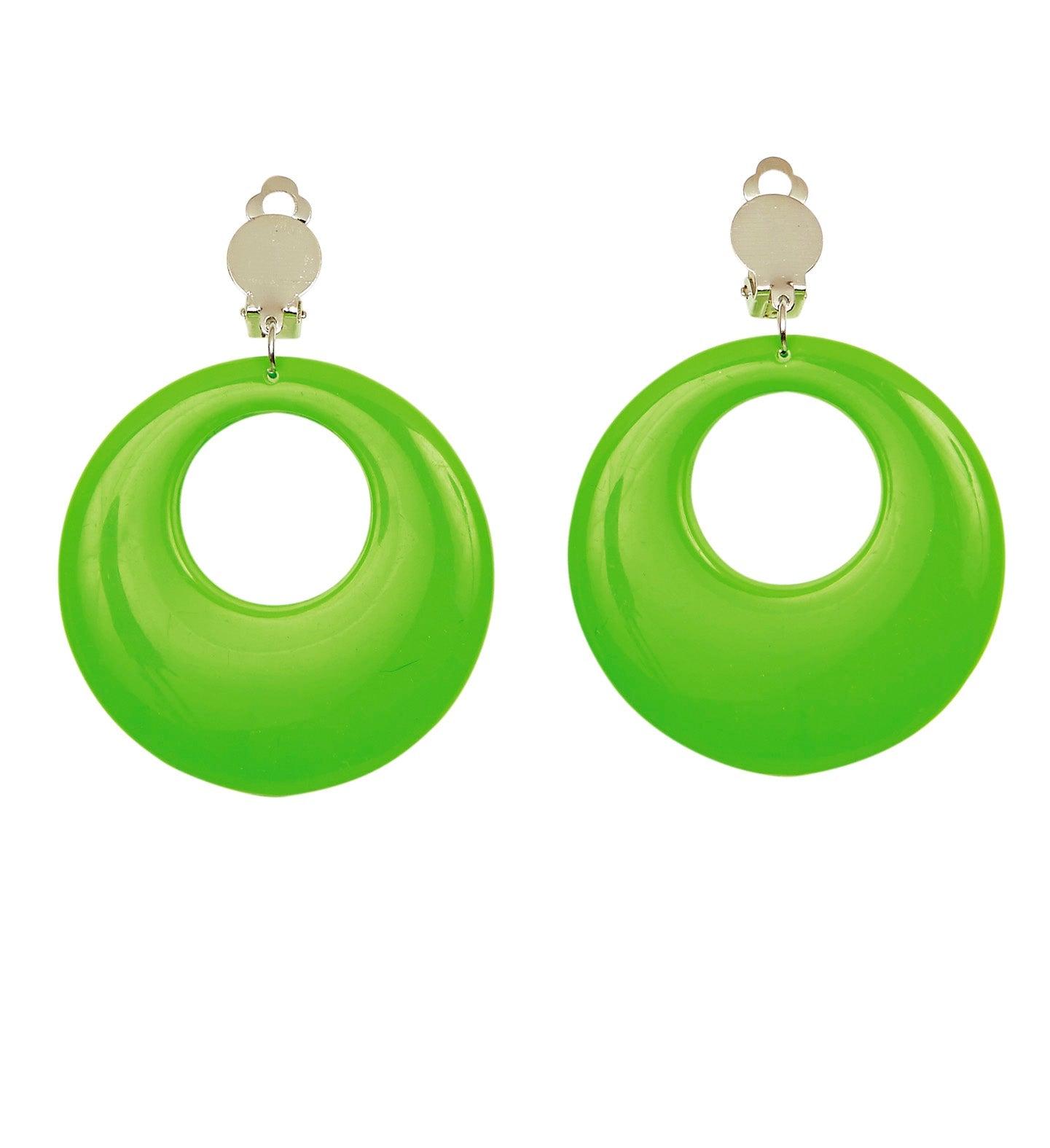 Pair of large neon green clip-on hoop earrings with silver tops.