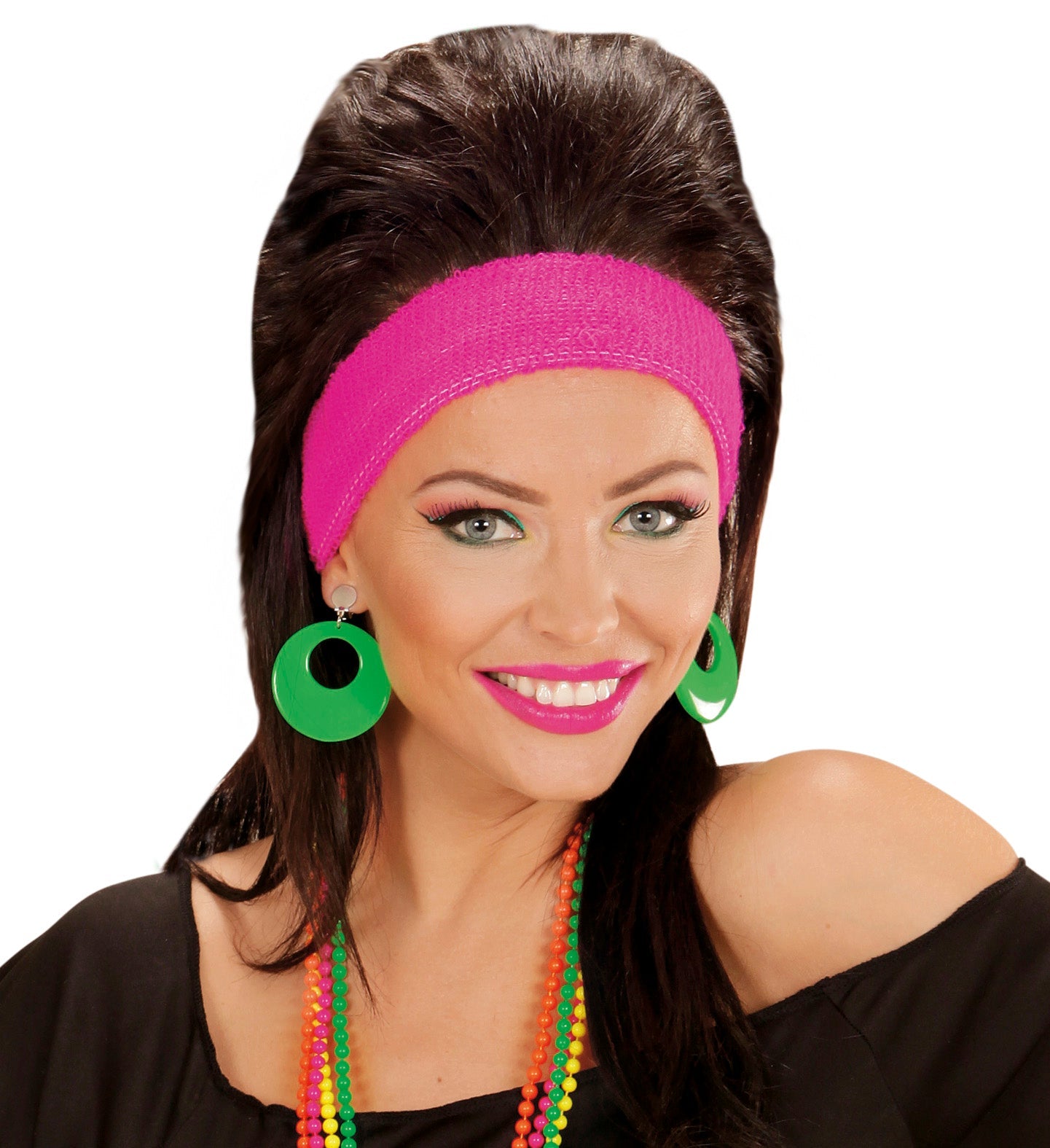 Woman wearing neon green clip-on hoop earrings as a 70s 80s retro party accessory.