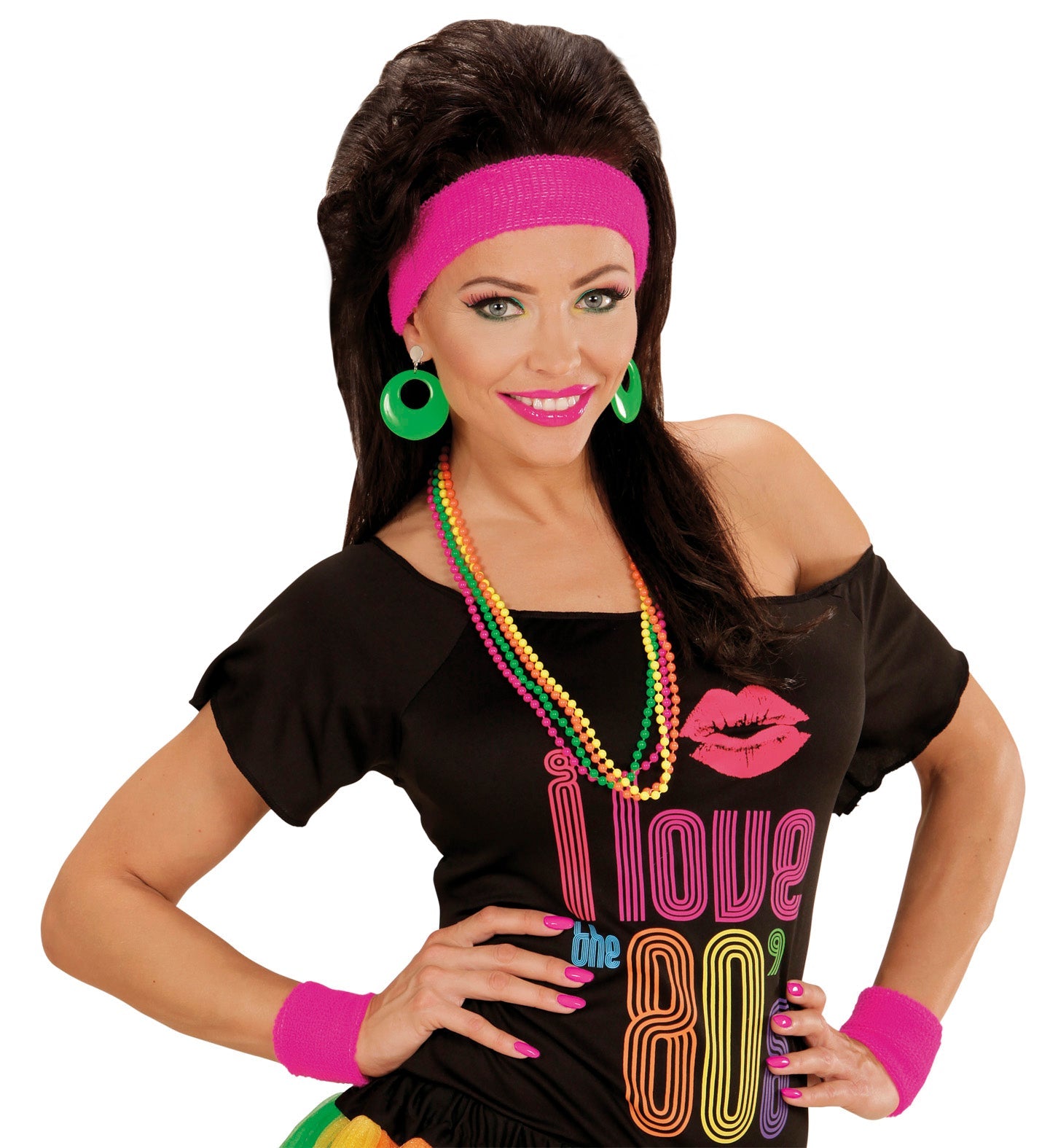Woman wearing 80s retro outfit with neon green clip-on earrings.