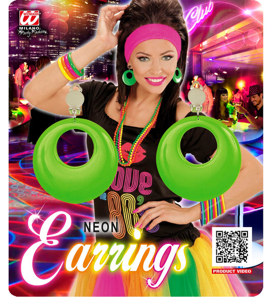 Large neon green clip-on hoop earrings in 70s 80s retro style.