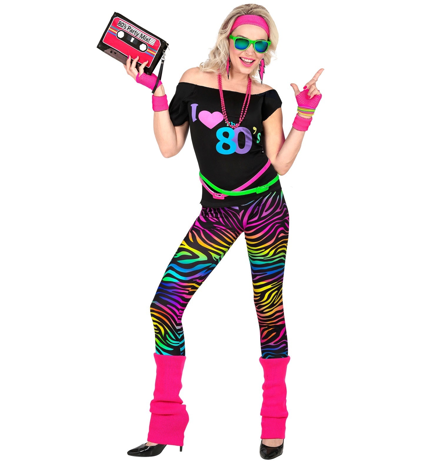 Woman in 80s neon outfit with sleeveless shirt, zebra leggings, leg warmers, headband, wristbands, and boombox.