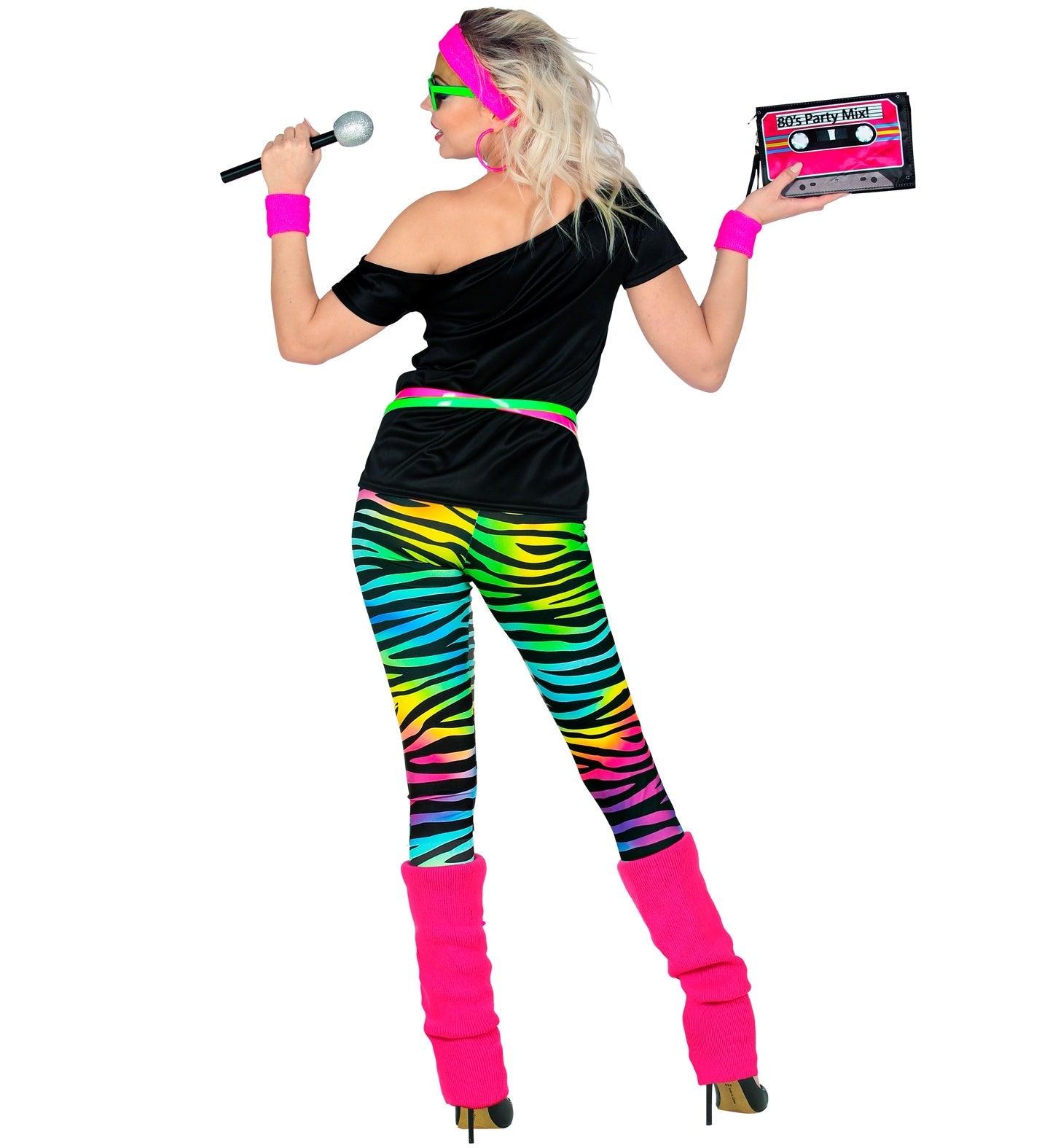 Woman in 80s neon outfit with sleeveless black shirt, zebra leggings, leg warmers, headband, wristbands, microphone, and boombox.