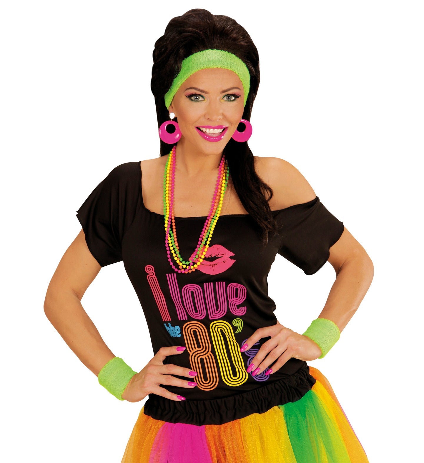 Neon pink 80er Creolen Ohrringe als retro Party Accessoire.