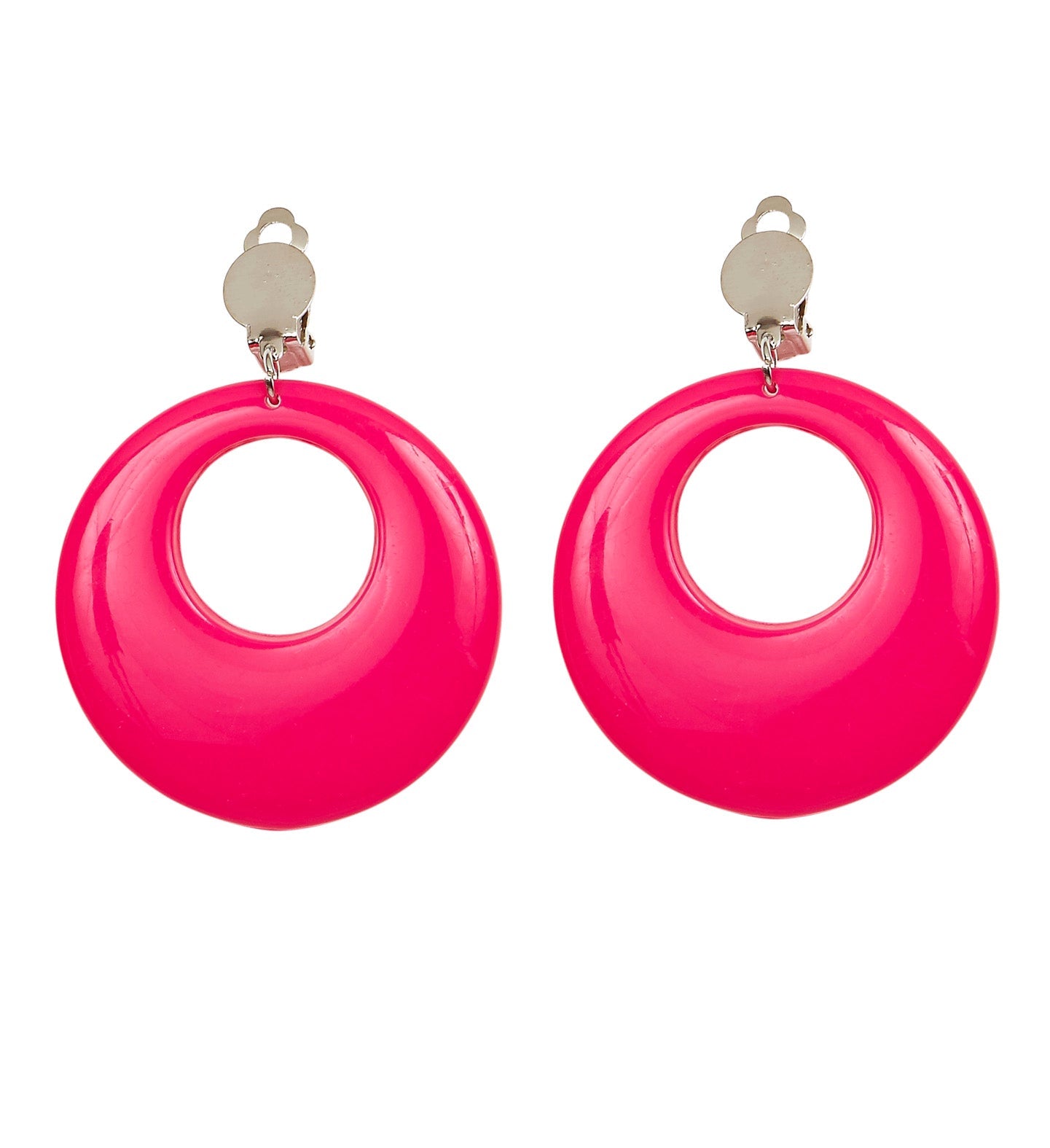 Pair of neon pink 80s-style hoop earrings with clip backs.