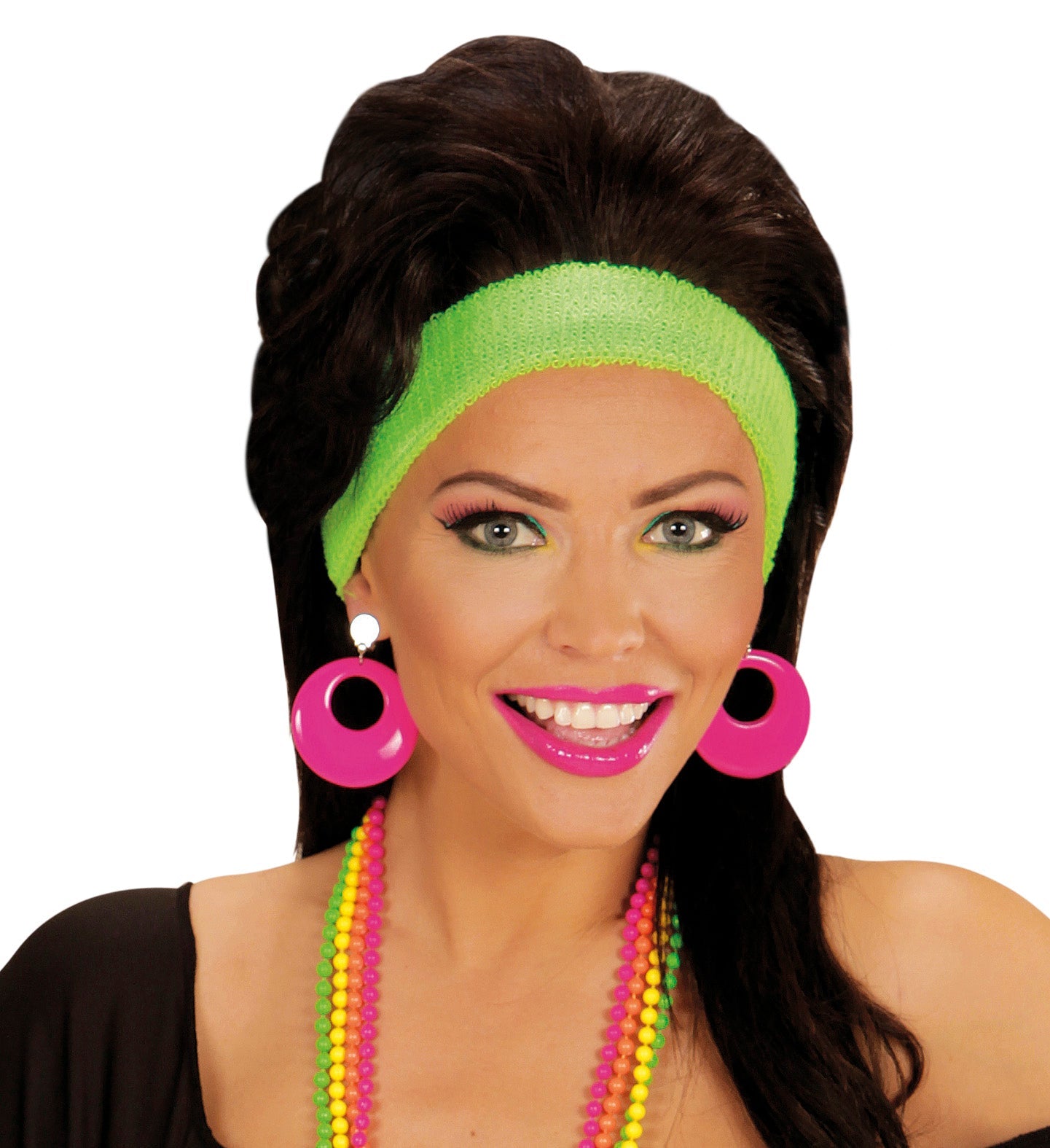 Neon pink hoop earrings in 80s retro style.