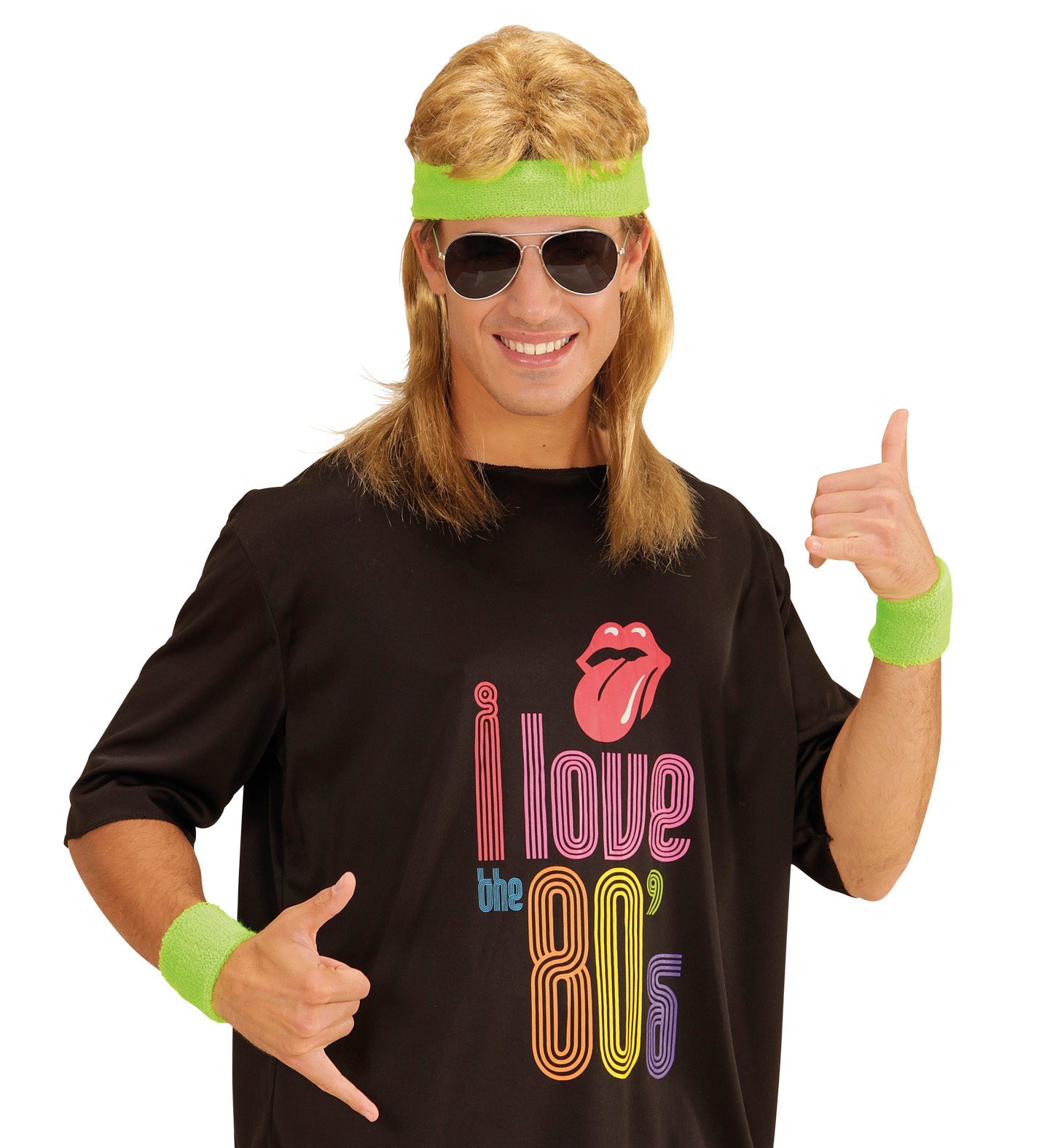 Widmann 80er Retro Schweißband Set – Neon Grün Stirnband & Handgelenkbänder - Fasnacht24.ch