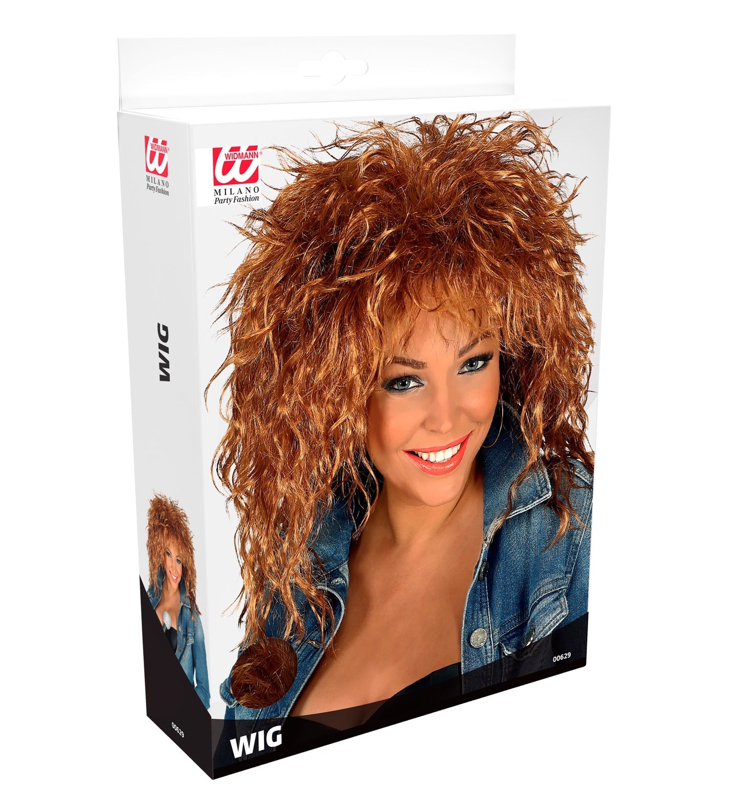 Voluminöse, rotbraune Damenperücke im 80er-Rockstar-Stil mit dichten Synthetikfasern.