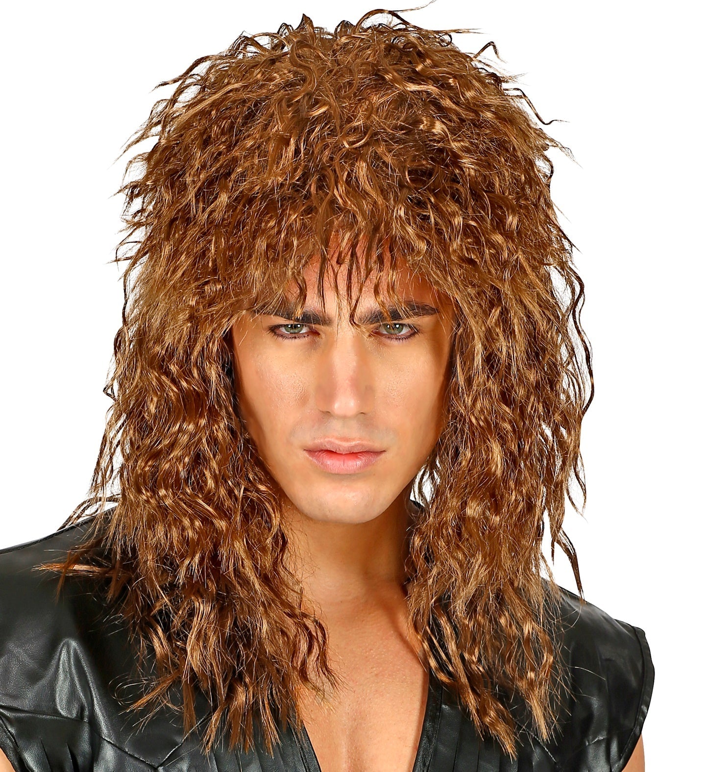 Rote-braune Herrenperücke im 80er-Rockstar-Stil mit realistischem, vollem Haar aus Fasern