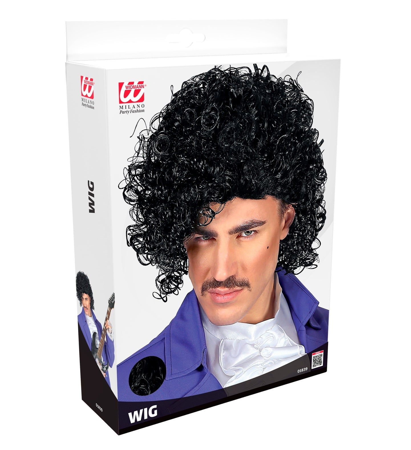 Schwarze 80er Jahre Rockerperücke mit glänzenden, langen Haaren für Kostümpartys.