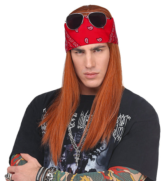 Schwarze 80er Rocker Perücke mit Bandana und Sonnenbrille, ideal für Partys.