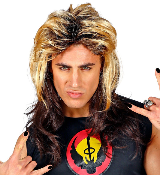 Authentische schwarze Perücke mit dichten Kunstfasern im 80er Rocker-Stil für Herren.