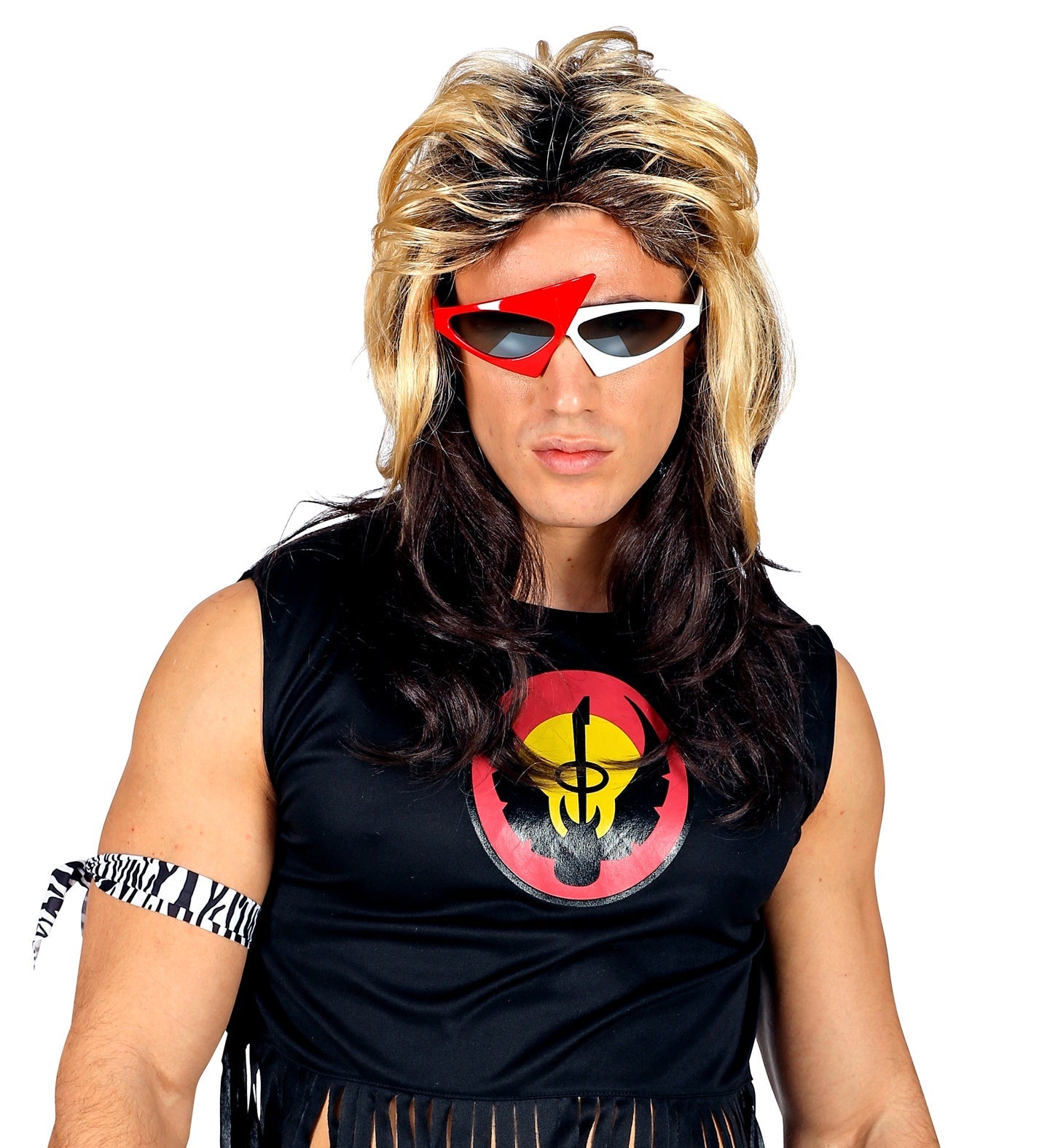 Dichte schwarze 80er Jahre Rocker Perücke aus Kunstfaser mit langer wilder Mähne für Herren