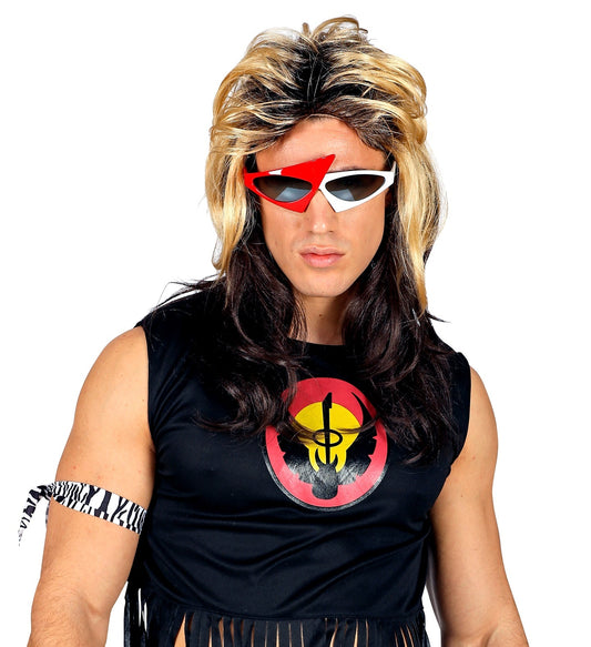 Dichte schwarze 80er Jahre Rocker Perücke aus Kunstfaser mit langer wilder Mähne für Herren