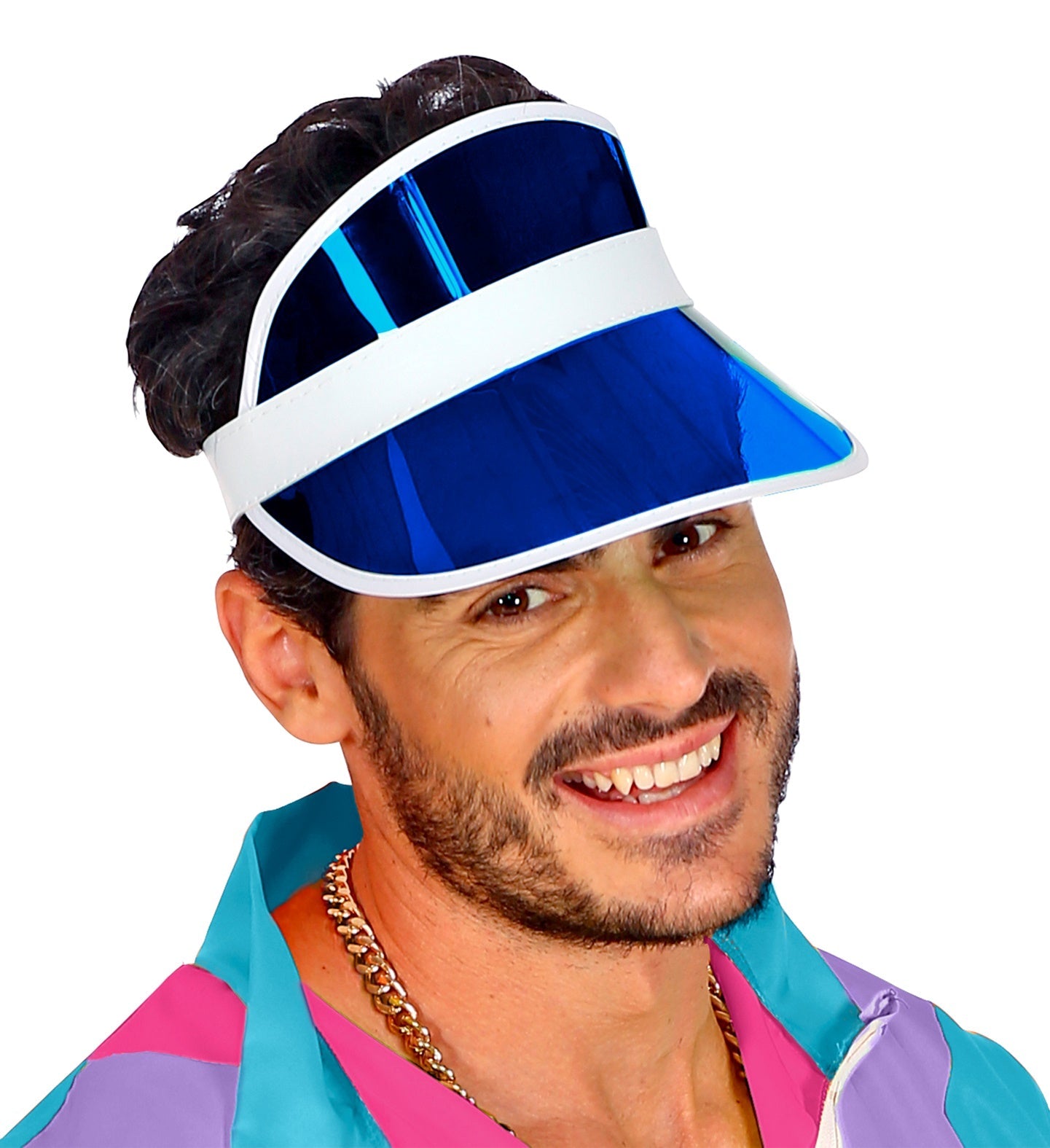 Neonblaue Sonnenblende mit breiter Krempe und flexiblem Gummiband für UV-Schutz.