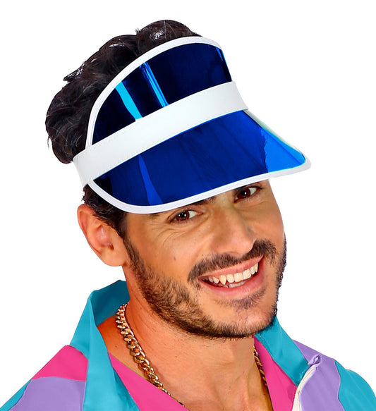 Neonblaue Sonnenblende mit breiter Krempe und flexiblem Gummiband für UV-Schutz.