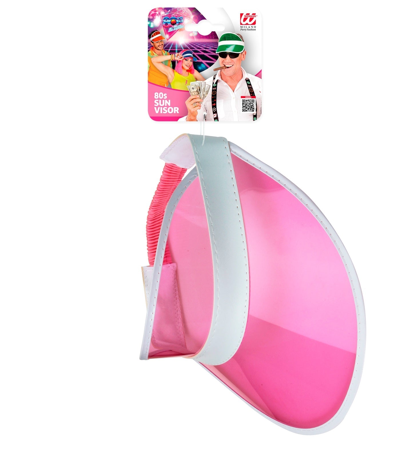 Neonpinkes Sonnenvisier aus Polycarbonat mit offenem Kopfband für besseren Luftstrom.