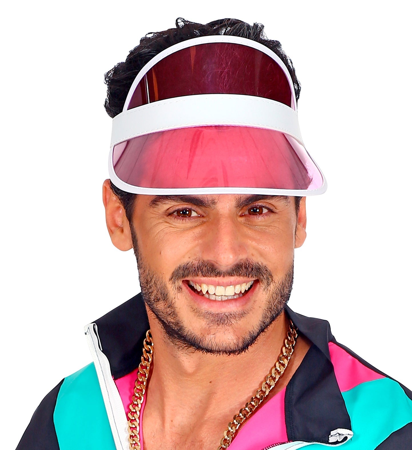 Neon pink Sonnen Visier aus Polycarbonat mit offenem Kopfband für Sonnenschutz.