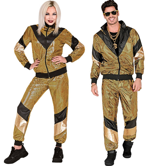 Unisex 80s reflective gold tracksuit with shiny jacket and pants on a model.