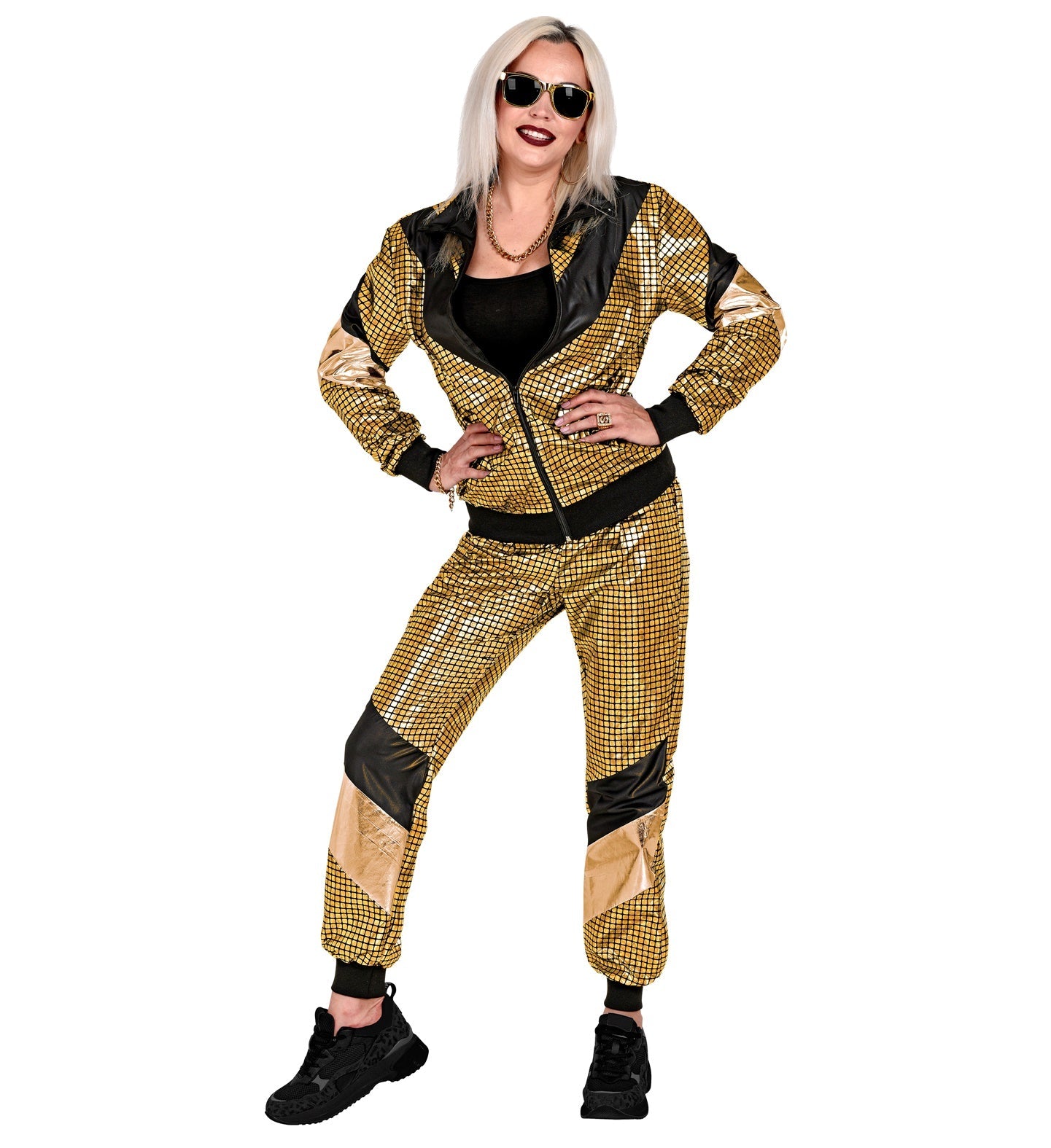 Unisex gold reflective 80s tracksuit with black accents and joggers, modeled dynamically.