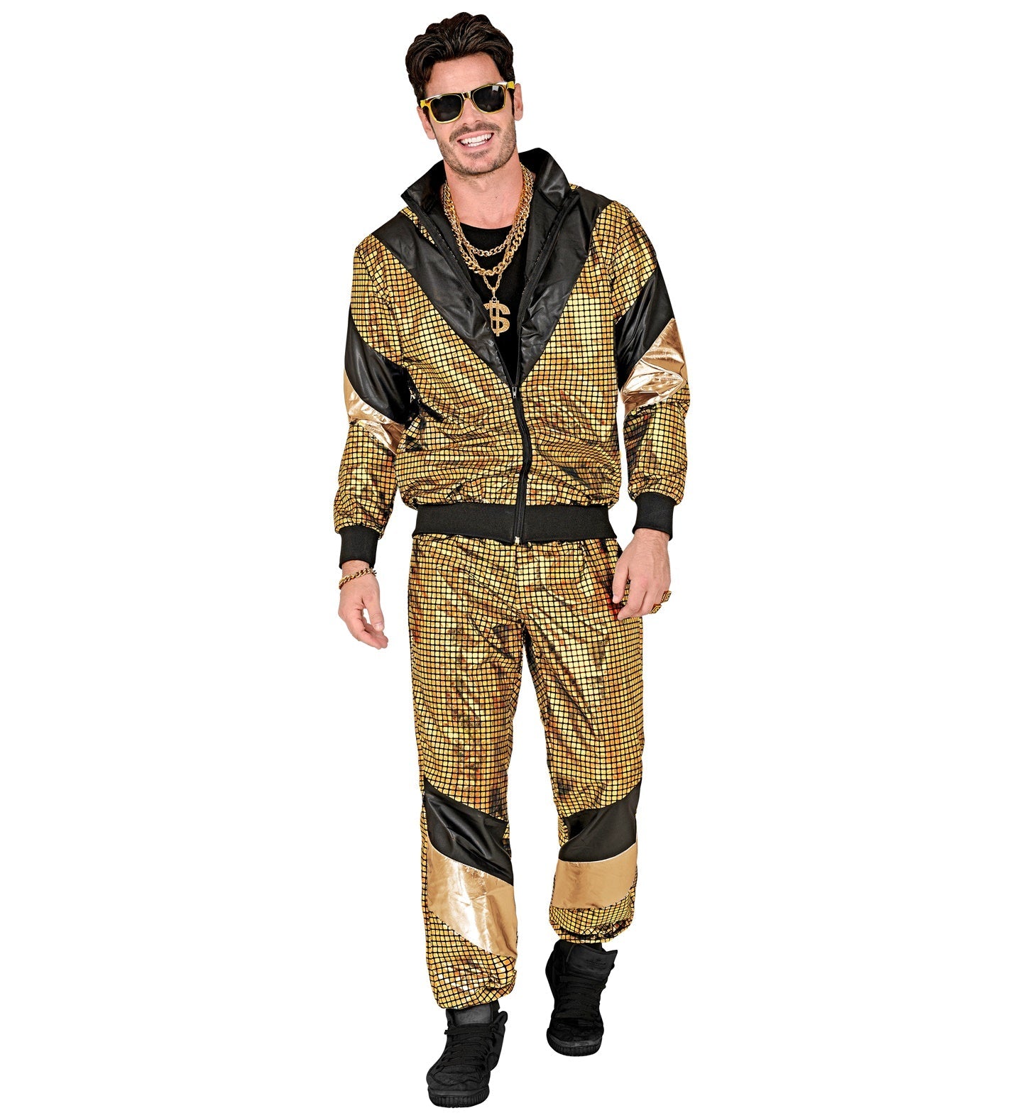 Man in shiny gold reflective 80s unisex tracksuit with black accents.