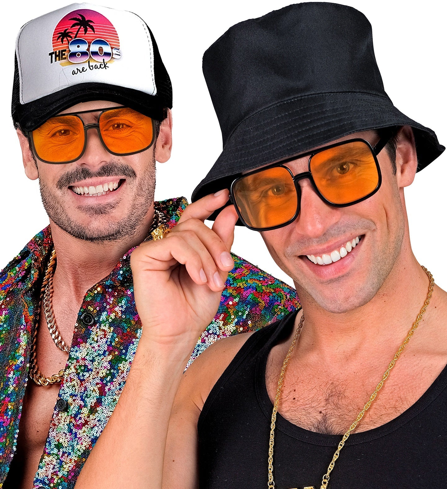 Orange Sonnenbrille mit UV400-Schutz und leichter Kunststofffassung im 90er-Jahre-Stil.