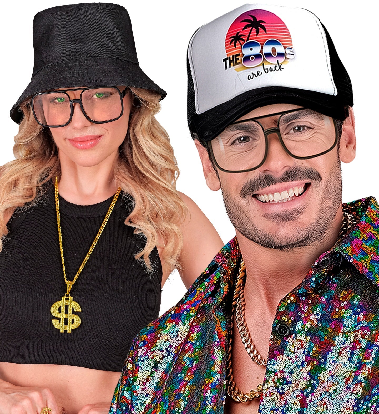 Schwarze 90er Jahre Hip Hop Brille mit bunten Gläsern und breiten Bügeln im Retro-Stil