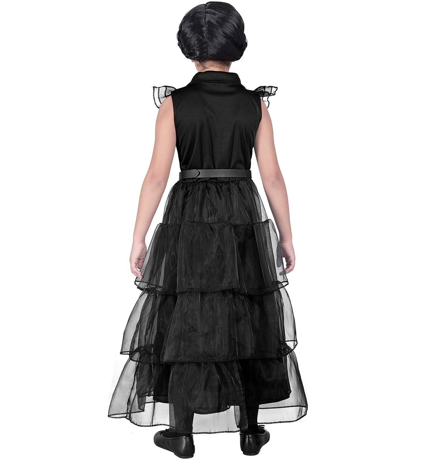 Schwarzes und weißes Ballkleid-Kostüm für Mädchen mit Rüschen und kurzen Ärmeln.