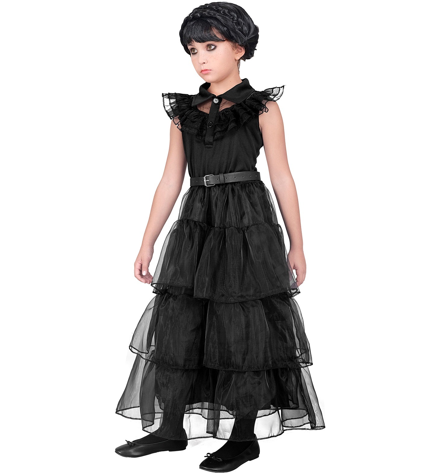 Schwarzes und weißes Wednesday Addams Mädchenkostüm mit Rüschen und kurzen Ärmeln