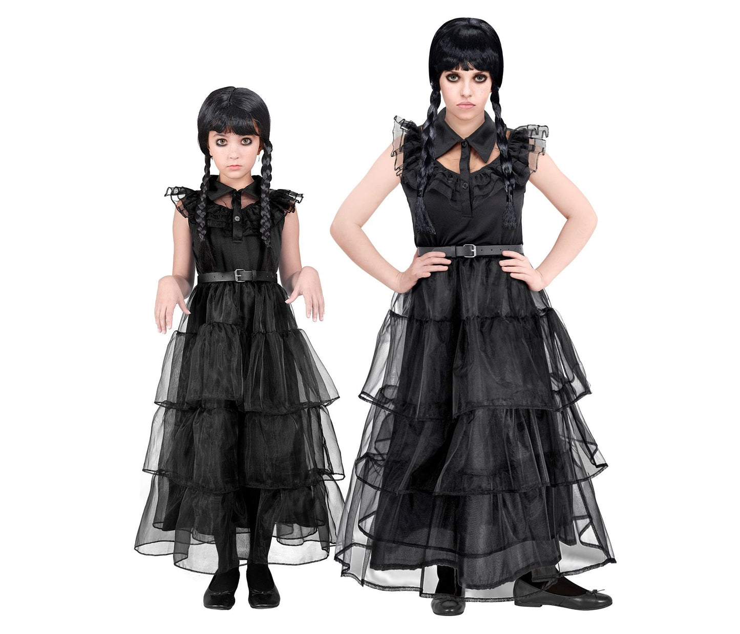 Schwarzes und weißes Ballkleid für Mädchen mit Rüschendetails und kurzen Ärmeln.