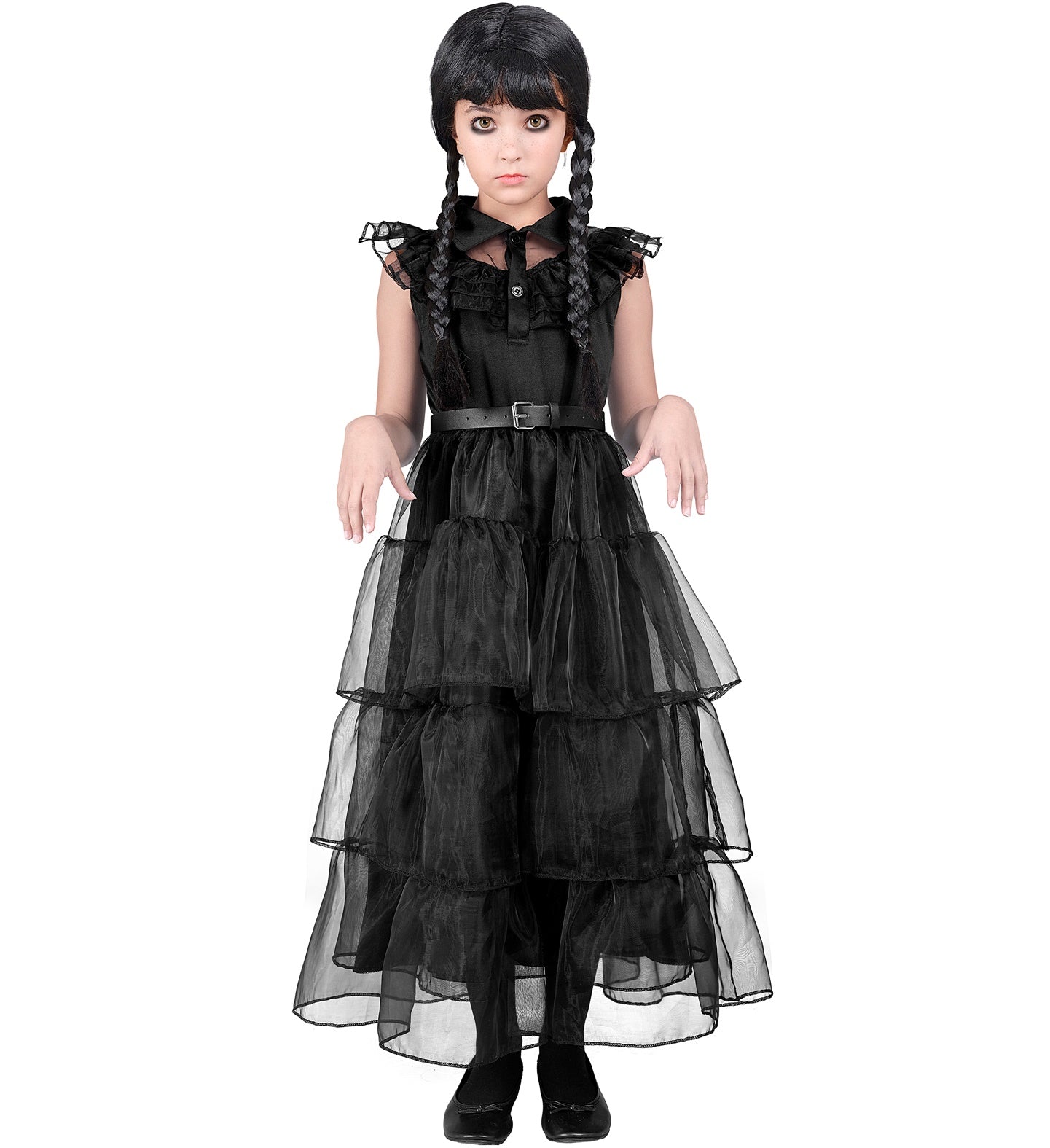 Schwarzes und weißes Ballkleid für Mädchen mit Rüschendetails und kurzen Ärmeln.