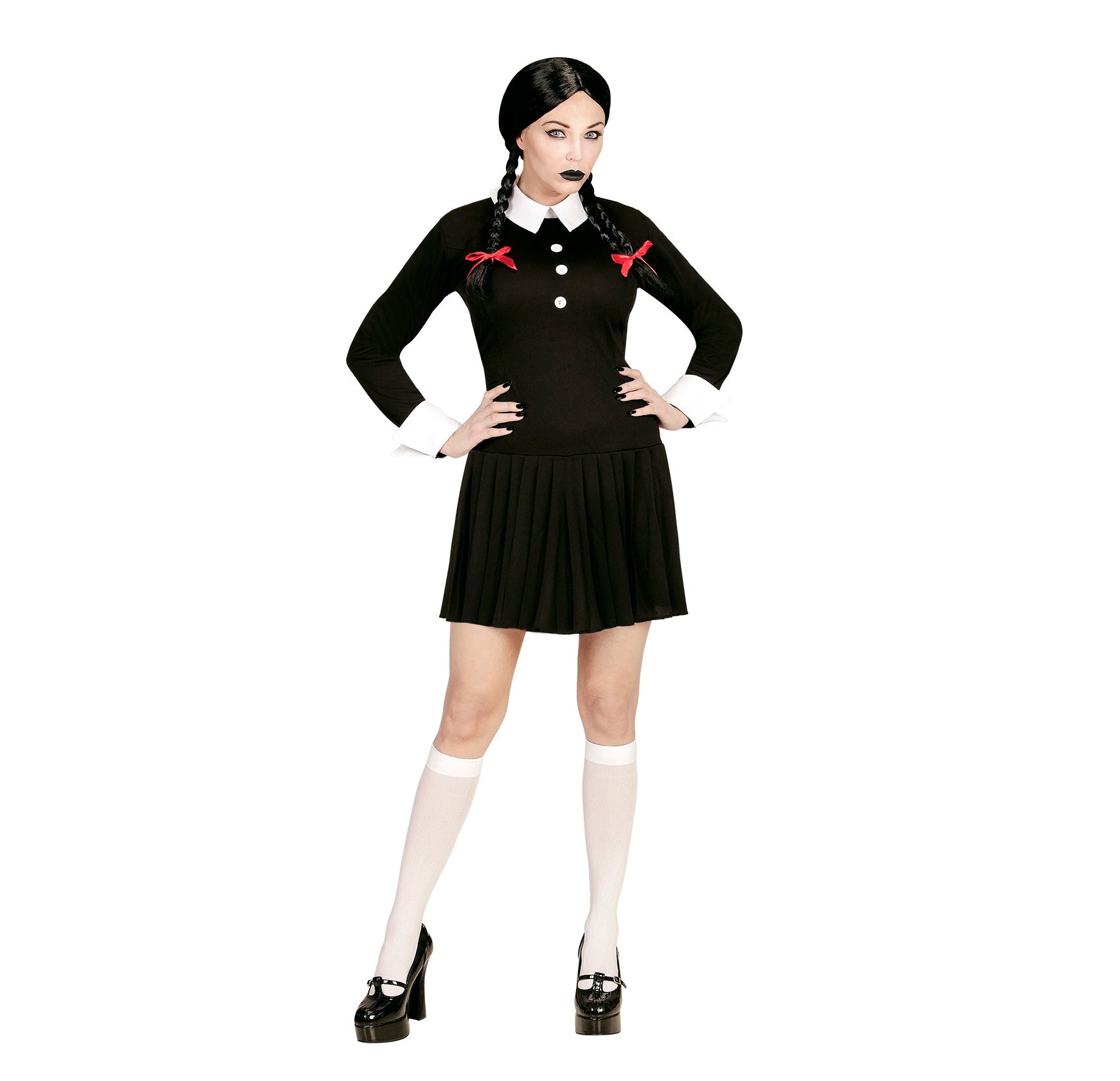 Schwarzes Kleid mit weißem Kragen, knielang, inspiriert von Wednesday Addams.