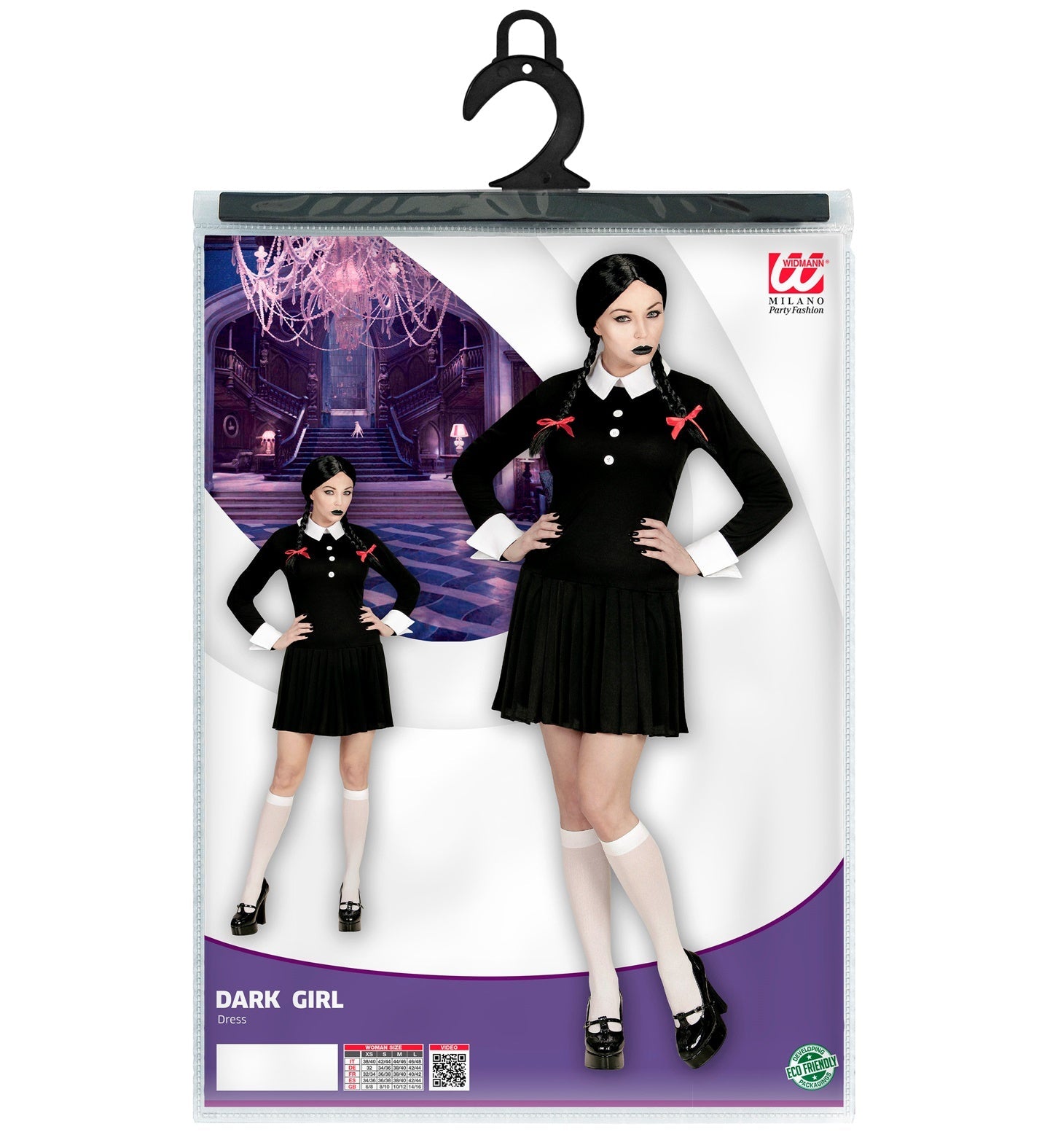 Schwarzes Kleid mit weißem Kragen, knielang, inspiriert von Wednesday Addams.