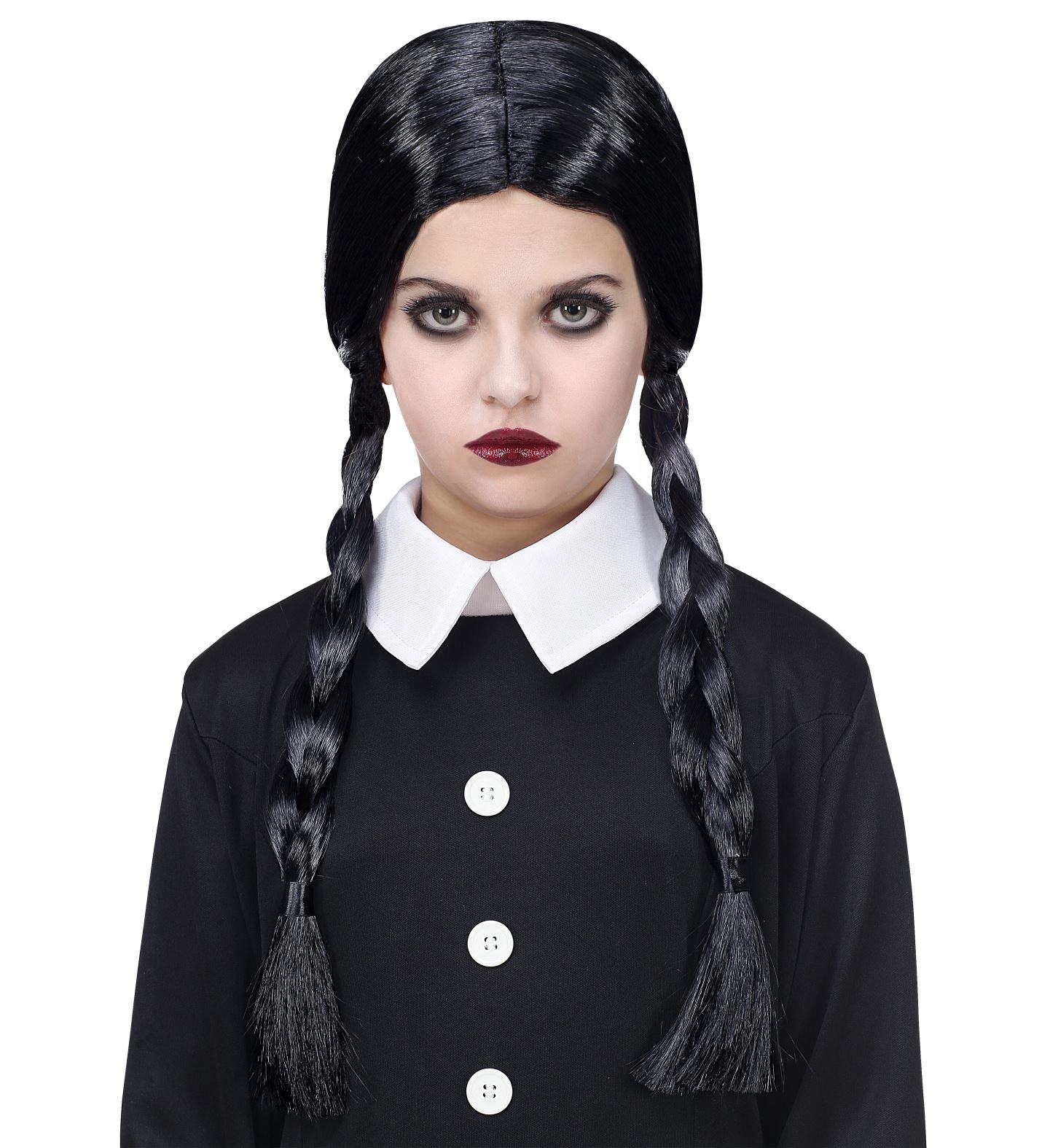 Braided black synthetic wig styled as Wednesday Addams for kids.