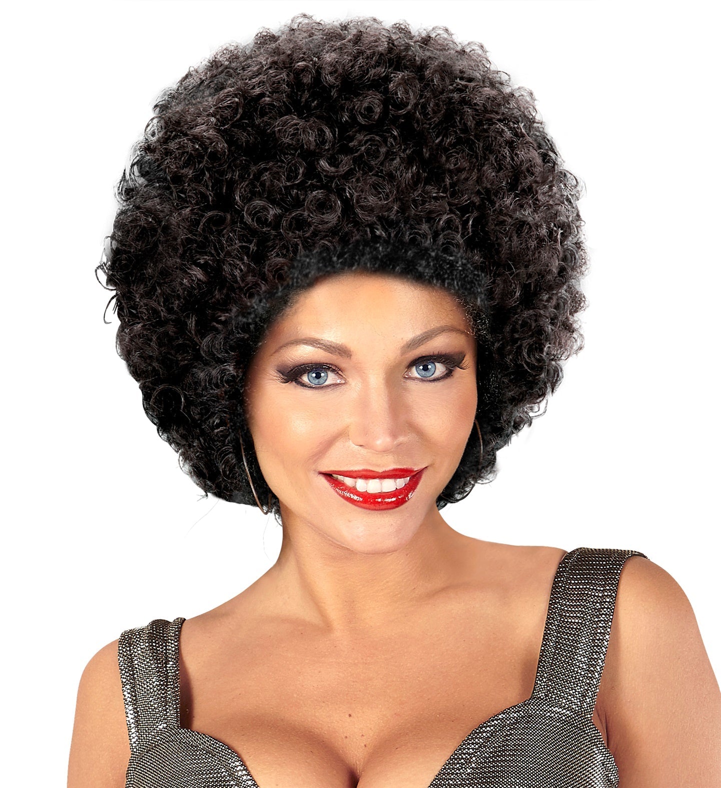 Medium black synthetic Afro wig on a smiling woman with hoop earrings.