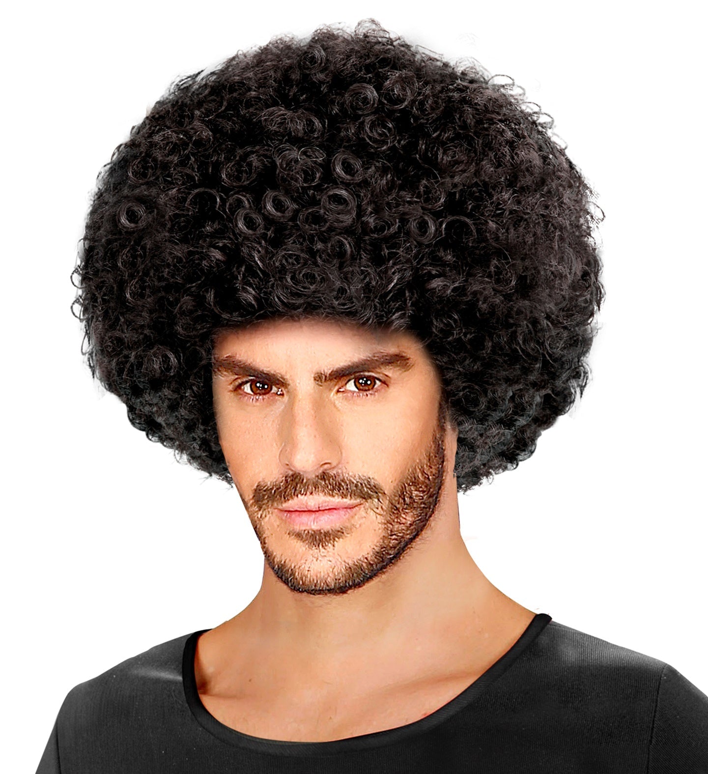 Medium black synthetic unisex Afro wig on a model with short beard.