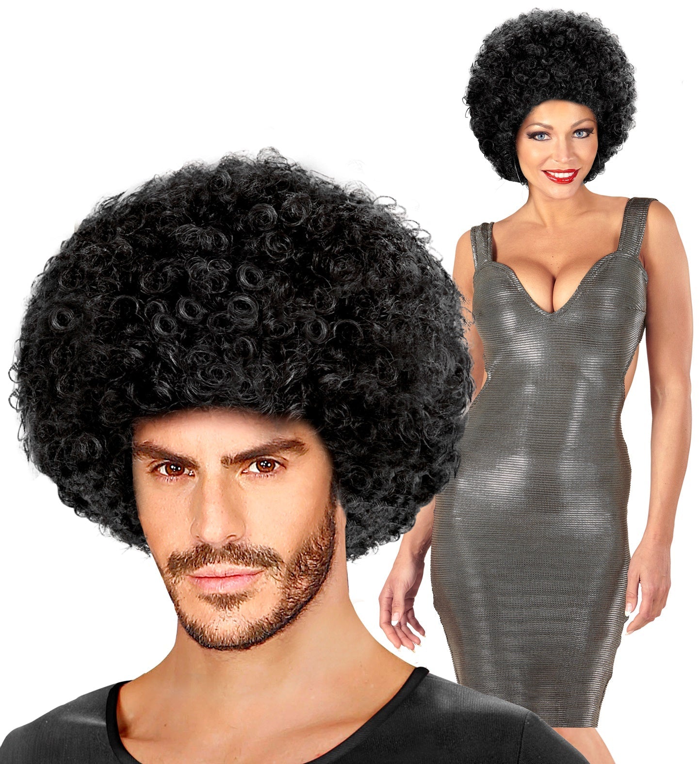 Medium black unisex synthetic Afro wig on male and female models.