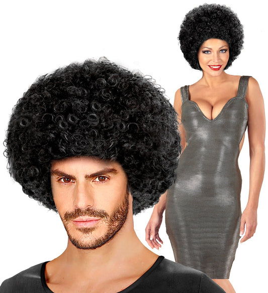 Medium black unisex synthetic Afro wig on male and female models.