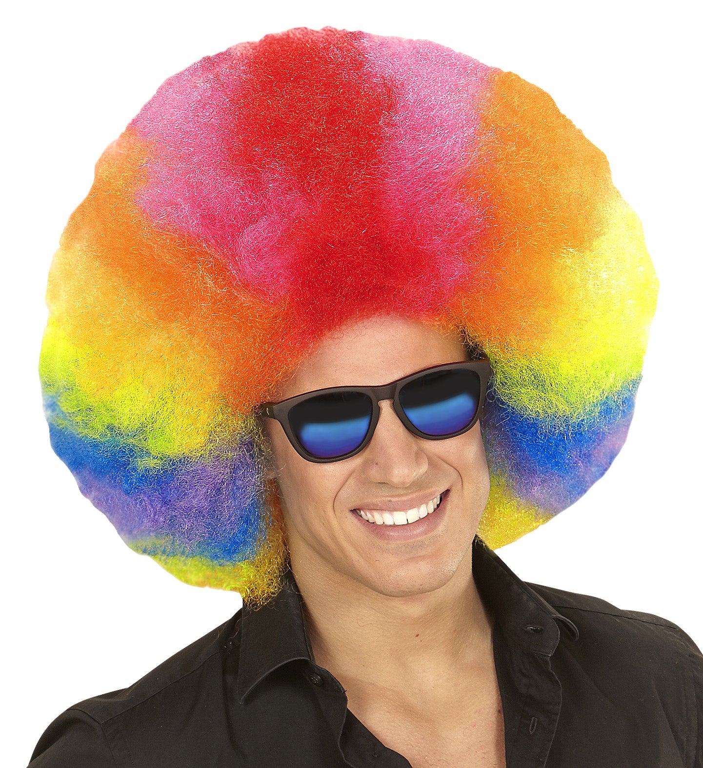 Giant rainbow afro wig with fluffy synthetic curls on a model wearing sunglasses.