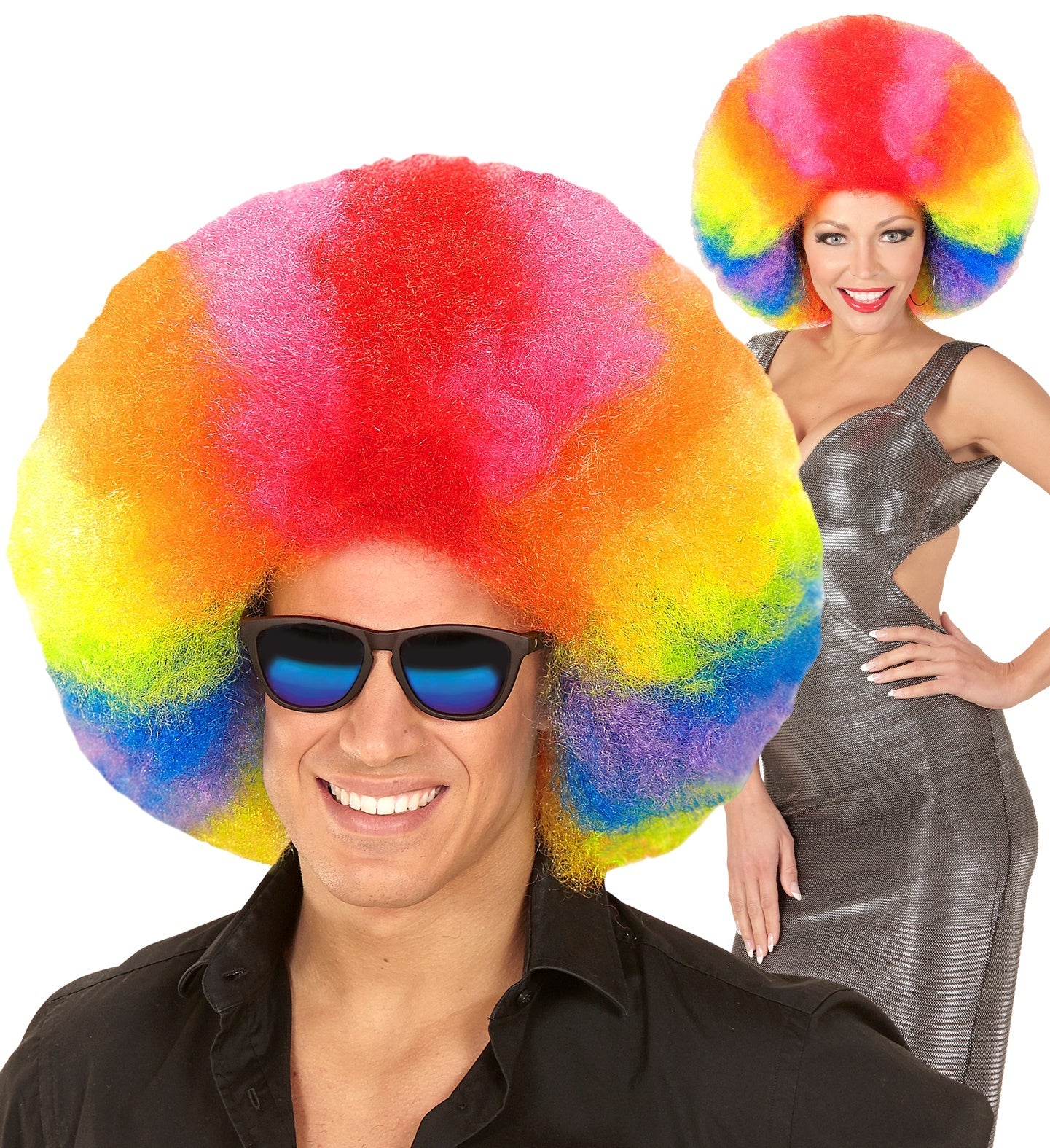 Giant rainbow afro wig with fluffy synthetic curls on a model.